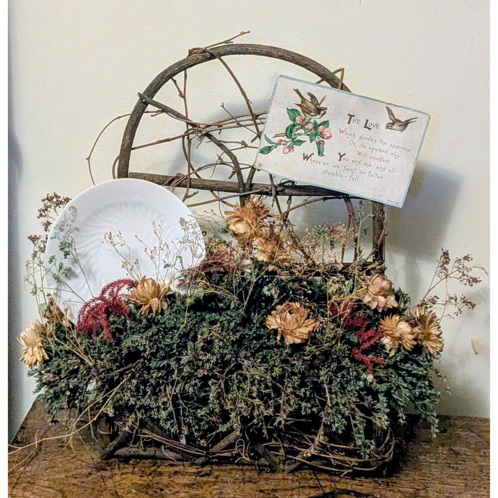 Handmade Rustic Twig Trellis Dried Floral Arrangement Vintage Postcard Porcelain
